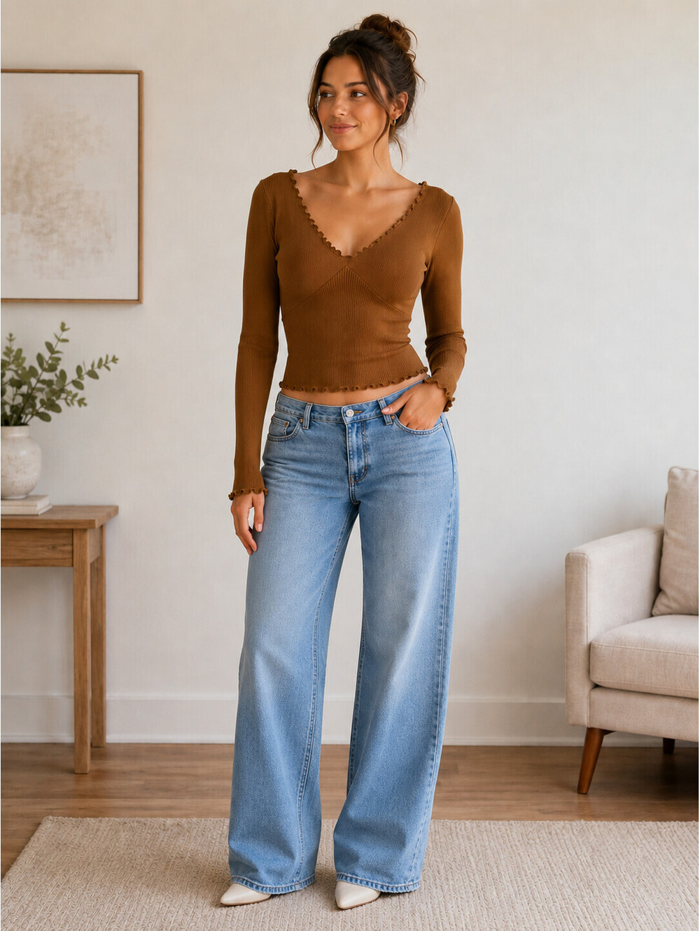 Intimately Free People Ribbed Crop Top Womens M/L Brown V Neck Lettuce Trim Y2K